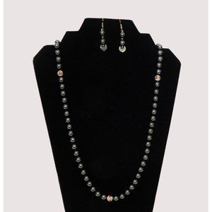 Hematite Set Beaded Necklace 30" Pierced Fishhook Earrings Black White Floral